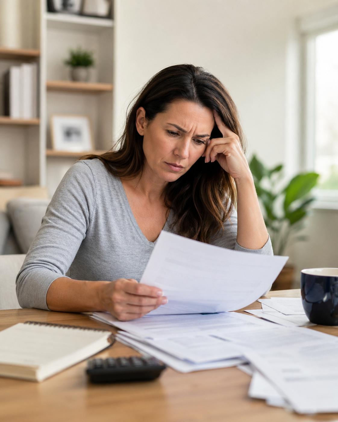 Woman around forty with a stack of papers looking confused at a document.